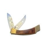 Browning USA Two-Blade Folding Pocket Knife with Wood Inlay and Leather Sheath