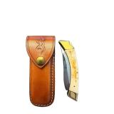 Browning 505 Japan Stag Handle Folding Knife with Leather Sheath