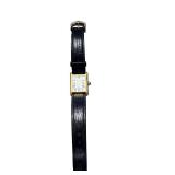 Cartier Tank Watch with Gold-Tone Case and Black Leather Band