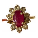 14k Gold Ruby and Diamond Cluster Ring - Size 5/5.5
