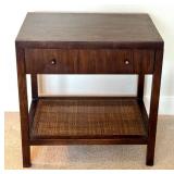 Vintage 1970s MCM Walnut Side Table with Drawer and Caned Shelf