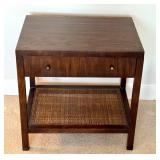 Vintage 1970s MCM Walnut Side Table with Drawer and Caned Shelf