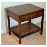 Vintage 1970s MCM Walnut Side Table with Drawer and Caned Shelf