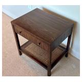 Vintage 1970s MCM Walnut Side Table with Drawer and Caned Shelf