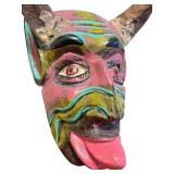 Hand-Carved Wooden Devil Mask with Painted Details and Horns