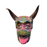 Hand-Carved Wooden Devil Mask with Painted Details and Horns