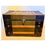 G - Large Antique Steamer Trunk with Wood and Metal Trim
