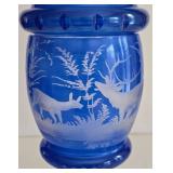 LR - Vintage Bohemian Blue Cased Glass Apothecary Jar with Stag and Fox Motif