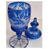 LR - Vintage Bohemian Blue Cased Glass Apothecary Jar with Stag and Fox Motif