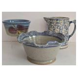 LR - Collection of 3 Handmade Pottery Pieces: Vintage Spongeware Pitcher, Scalloped Bowl, and Round Bowl