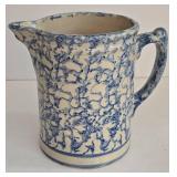 LR - Collection of 3 Handmade Pottery Pieces: Vintage Spongeware Pitcher, Scalloped Bowl, and Round Bowl