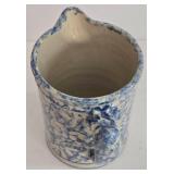 LR - Collection of 3 Handmade Pottery Pieces: Vintage Spongeware Pitcher, Scalloped Bowl, and Round Bowl