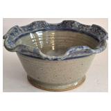 LR - Collection of 3 Handmade Pottery Pieces: Vintage Spongeware Pitcher, Scalloped Bowl, and Round Bowl