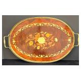 LR - Vintage Inlaid Wood Serving Tray with Floral Design and Brass Handles