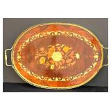 LR - Vintage Inlaid Wood Serving Tray with Floral Design and Brass Handles