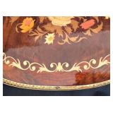 LR - Vintage Inlaid Wood Serving Tray with Floral Design and Brass Handles
