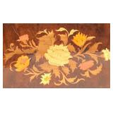 LR - Vintage Inlaid Wood Serving Tray with Floral Design and Brass Handles