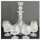 LR - Vintage Edinburgh Scotland Crystal Decanter with Stopper, 6 Glasses and Half Round Wooden Tray