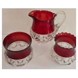 LR - Antique Kings Crown Ruby Flash Thumbprint Glass Creamer, Sugar Bowl, and Cranberry Candy Dish Set
