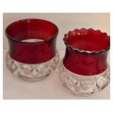 LR - Antique Kings Crown Ruby Flash Thumbprint Glass Creamer, Sugar Bowl, and Cranberry Candy Dish Set