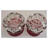LR - Antique Kings Crown Ruby Flash Thumbprint Glass Creamer, Sugar Bowl, and Cranberry Candy Dish Set