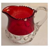 LR - Antique Kings Crown Ruby Flash Thumbprint Glass Creamer, Sugar Bowl, and Cranberry Candy Dish Set