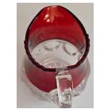 LR - Antique Kings Crown Ruby Flash Thumbprint Glass Creamer, Sugar Bowl, and Cranberry Candy Dish Set