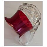 LR - Antique Kings Crown Ruby Flash Thumbprint Glass Creamer, Sugar Bowl, and Cranberry Candy Dish Set