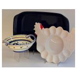 K - Ceramic Serving Tray, Handled Bowl, and Chicken-Shaped Egg Plate Set