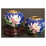 LL-S - Pair of Vintage Cloisonné Vases with Floral Design and Wooden Base