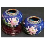 LL-S - Pair of Vintage Cloisonné Vases with Floral Design and Wooden Base