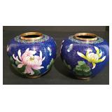 LL-S - Pair of Vintage Cloisonné Vases with Floral Design and Wooden Base