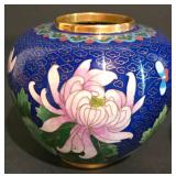 LL-S - Pair of Vintage Cloisonné Vases with Floral Design and Wooden Base