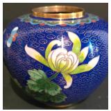 LL-S - Pair of Vintage Cloisonné Vases with Floral Design and Wooden Base