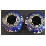 LL-S - Pair of Vintage Cloisonné Vases with Floral Design and Wooden Base