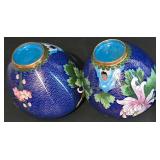 LL-S - Pair of Vintage Cloisonné Vases with Floral Design and Wooden Base