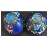 LL-S - Pair of Vintage Cloisonné Vases with Floral Design and Wooden Base