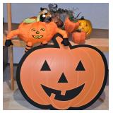 LL-S - Halloween Pumpkin Decor Lot with Cardboard Sign, Stuffed, Gold Toned, and Lighted Pumpkins