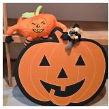 LL-S - Halloween Pumpkin Decor Lot with Cardboard Sign, Stuffed, Gold Toned, and Lighted Pumpkins
