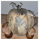 LL-S - Halloween Pumpkin Decor Lot with Cardboard Sign, Stuffed, Gold Toned, and Lighted Pumpkins