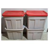 LL-S - Set of 4 Rubbermaid Roughneck 18 Gallon Storage Totes with Red Lids