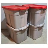 LL-S - Set of 4 Rubbermaid Roughneck 18 Gallon Storage Totes with Red Lids