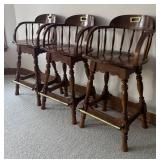 LL  - Set of 3 Wooden Vintage Barstools with Spindle Backs and Brass Footrests