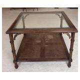 MB - Vintage Glass Top Coffee Table with Caned Shelf