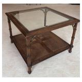 MB - Vintage Glass Top Coffee Table with Caned Shelf