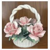 MB - Vintage Capodimonte Porcelain Flower Basket with Pink Roses