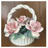 MB - Vintage Capodimonte Porcelain Flower Basket with Pink Roses