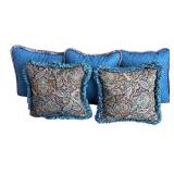 LR - Set of 5 Assorted Accent Pillows with Blue Fringe and Patterned Design