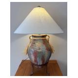 LL  - Handcrafted Pottery Table Lamp with Woven Accents and Iron Stand