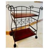 K - Metal and Wood Rolling Bar Cart with Wine Rack